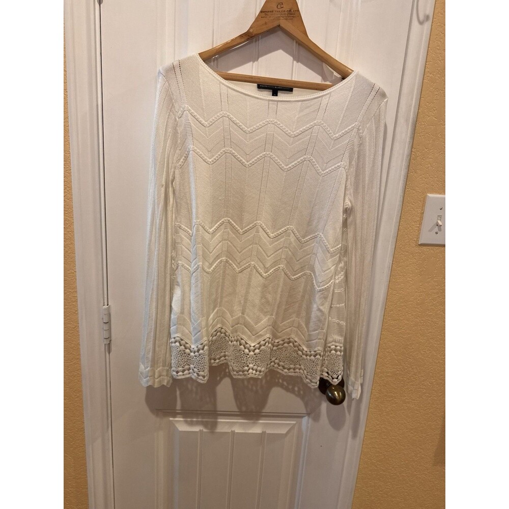 Women’s WHITE HOUSE BLACK MARKET Top MEDIUM ivory Long Sleeve W/Lace Trim - Picture 4 of 16